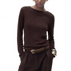 Mango Linen-Blend Boat-Neck Sweater NWT Chocolate Small